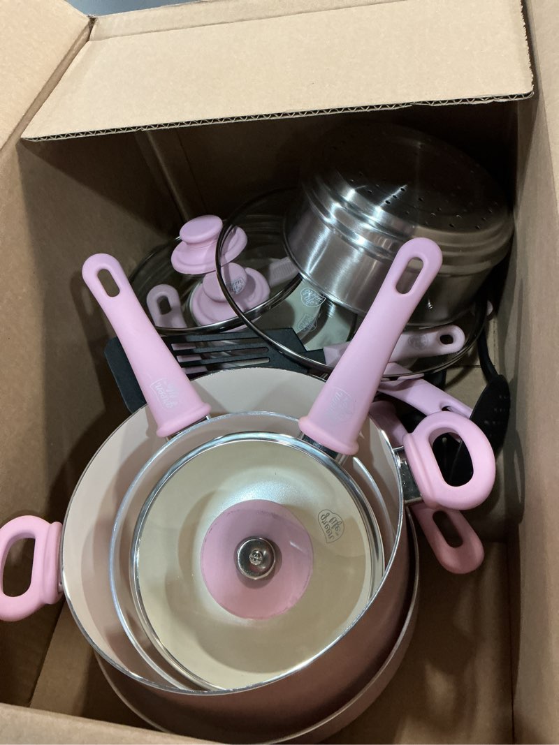 Condition photo showing As Is for GreenLife 16 Piece Nonstick Cookware Set, Soft Grip Non-Toxic PFAS-Free Ceramic Pots & Pans, Dishwasher & Oven Safe, Frying, Sauce, Saute, Utensils, Glass Lids, Stay-Cool Handles, Wobble Free, Pink 16 Piece Cookware Set Soft Pink