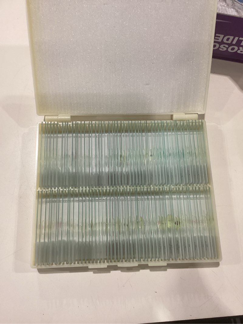 Condition photo showing New/Like New for 100Pcs Microscope Slides, Microscope Slides with Specimens, Prepared Microscope Slides for Kids Adults Students Homeschool Use