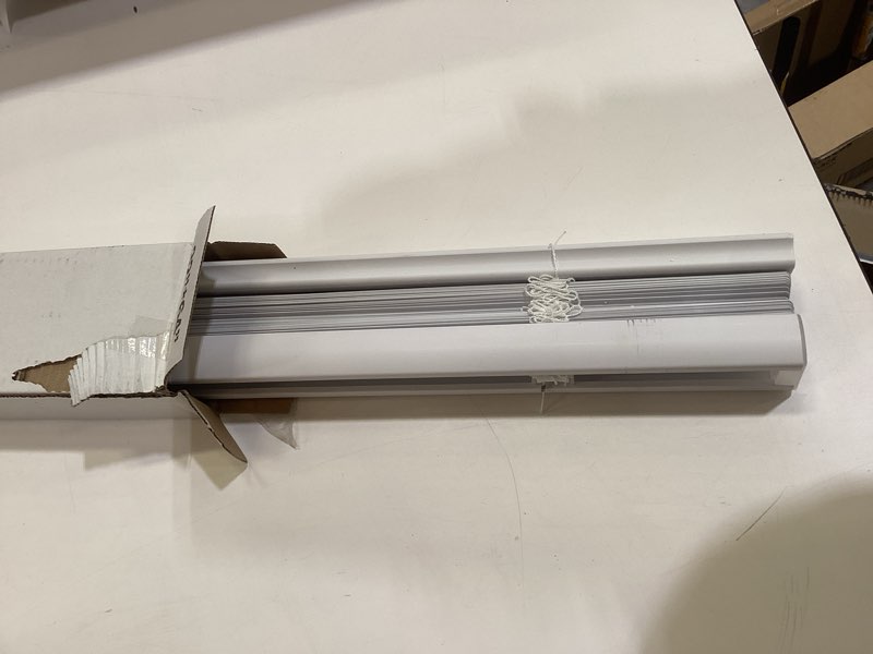 Condition photo showing As Is for project source room darkening 1-in slat width 32-in x 64-in cordless white vinyl room darkening mini-blinds