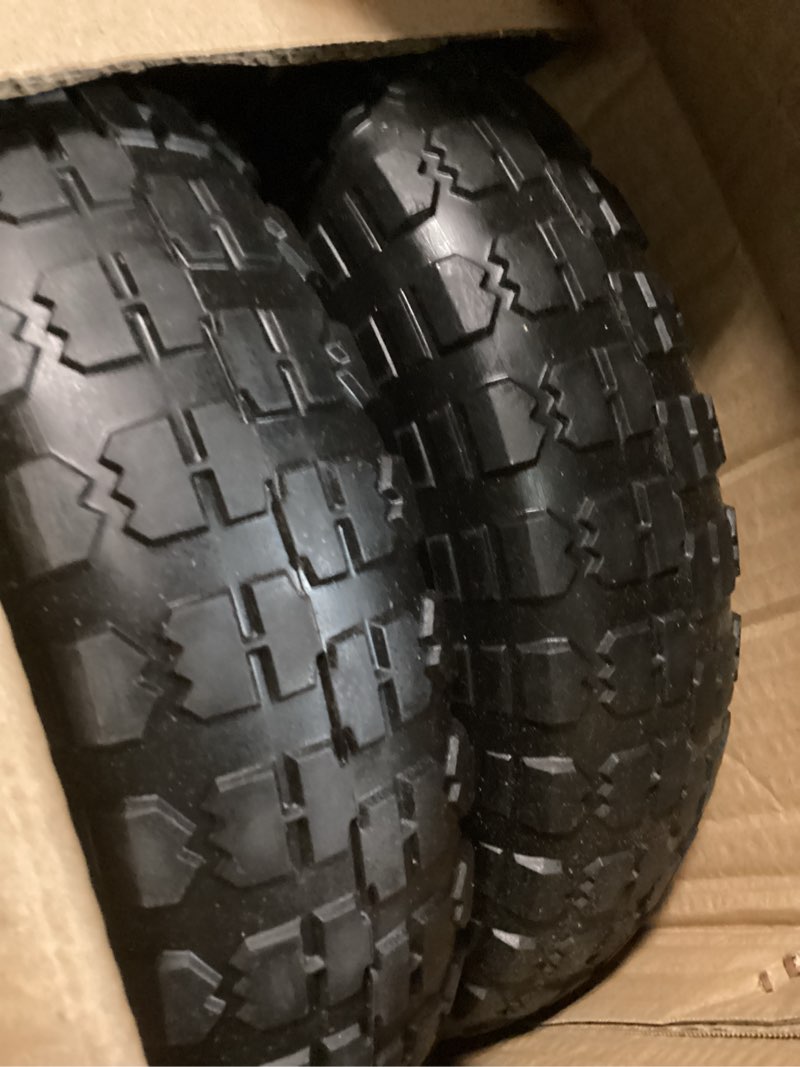 Condition photo showing New/Like New for taifa 2 pcs 13 inch rubber solid flat free replacement tires and wheels 4.00-6 with 5/8'' axle bore hole, air less wheel for wheelbarrow/wagon/hand truck/trolley/garden scooter etc. 13x400-6pu-bigf-2packs