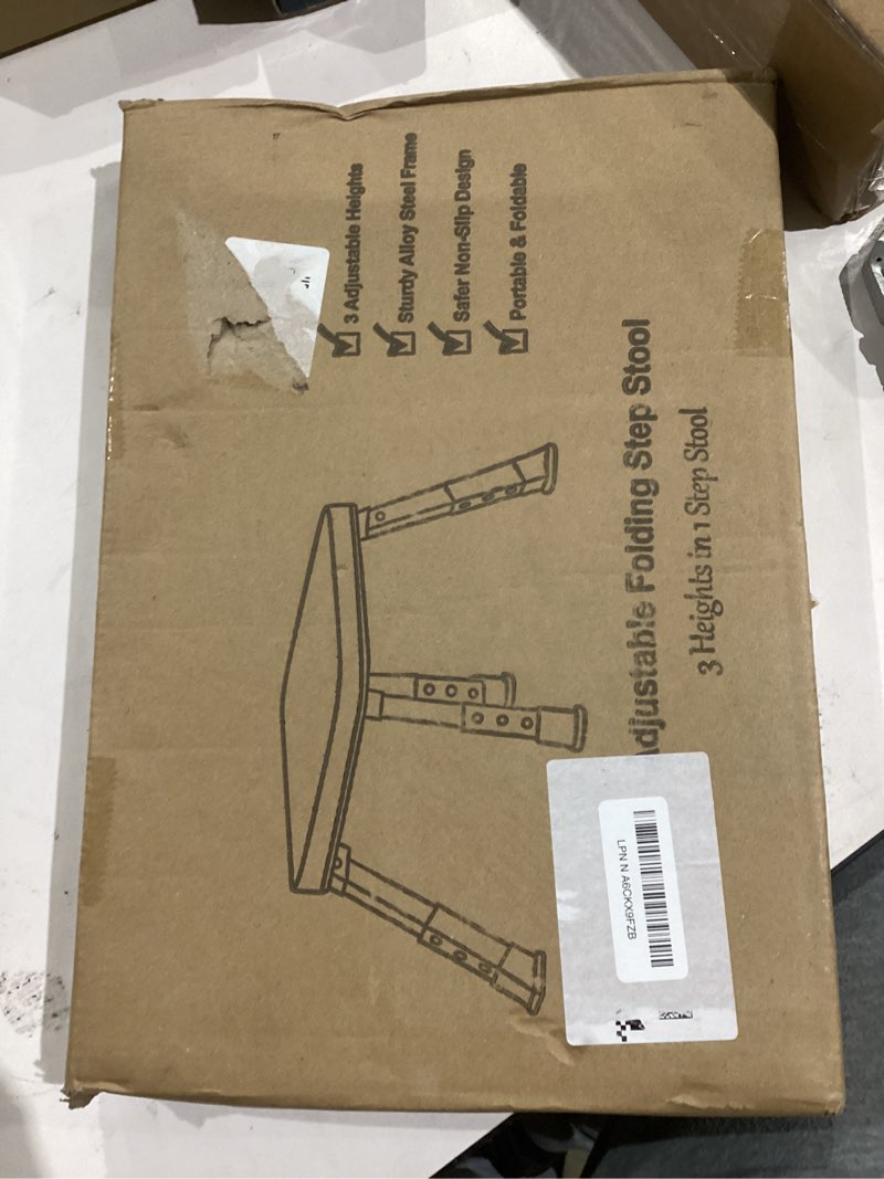 Condition photo showing Good Condition for Double Elite 3 Levels Adjustable Folding Step Stools for Adults, Sturdy Metal RV Step, Safer Foldable Small Kitchen Stepping Stool for Kids Seniors Bed, Multi-Use Office Foot Stool Under Desk 3 Adjustable Height 7/8/9" Gray/Black