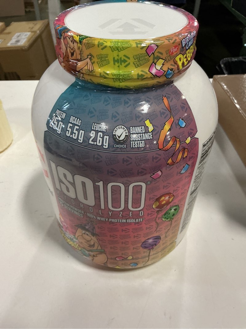 Condition photo showing New/Like New for ( exp: 01/27) Dymatize ISO100 Whey Protein Powder Isolate, Birthday Cake, 25g of Protein, 5 Pound, 5.5g BCAAs, Less Than 120 Cal., Gluten Free, 1g Fat, 1g Sugar, 2g Carb Birthday Cake 75 Servings (Pack of 1)