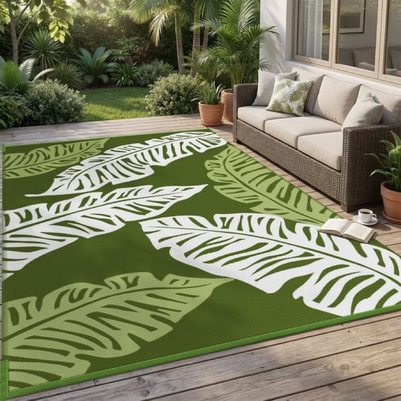 vunate outdoor rug carpet 5'x8' waterproof reversible patio rug portable indoor outdoor rug plastic straw rug for beach rv camping garden picnic deck backyard tropical porch decor green