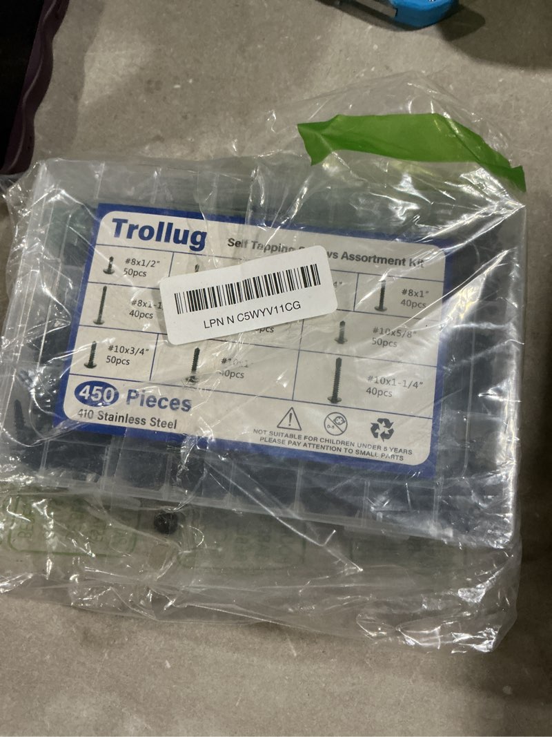 Condition photo showing As Is for 450pcs self tapping screws for metal, 410 stainless steel self drilling screws #8#10 hex head sheet metal screws assortment kits, length 1/2"" to 1-1/4'' (silver)