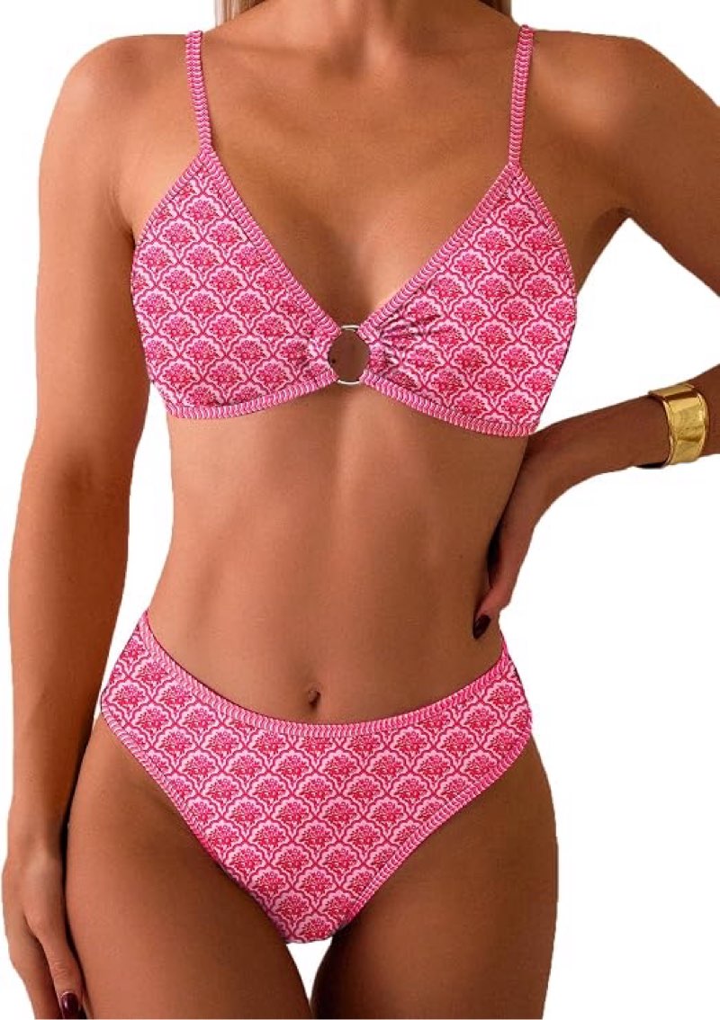 fanuerg women's triangle bikini sets o ring linked two piece swimsuits floral printed cheeky bathing