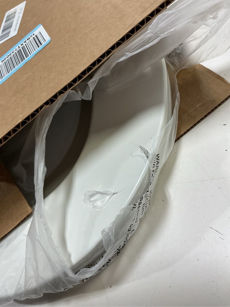 Condition photo showing As Is for mayfair linden slow close toilet seat, non slip heavy duty wood, easy install, round, white round traditional hinge