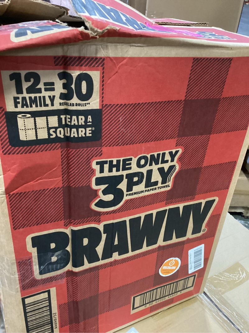 Condition photo showing New/Like New for Brawny Tear-A-Square 3-Ply Paper Towels, 12 XL Family Rolls = 30 Regular Rolls, Strong, Absorbent, and Durable with 3 Sheet Sizes (Quarter, Half, Full) New