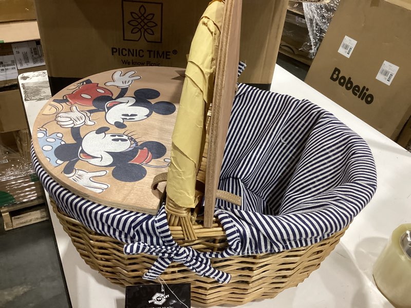 Condition photo showing Good Condition for picnic time disney mickey mouse & minnie mouse country vintage picnic basket with lid, wicker picnic basket for 2, (navy blue & white stripe) mickey & minnie mouse - navy blue