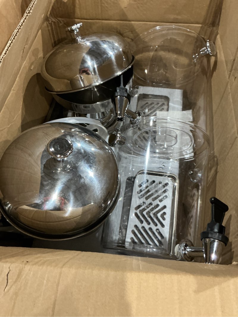Condition photo showing As Is for beverage dispenser, 2.1 gal. x 2 drink dispenser for parties, stainless steel + plastic juice dispensers with tray
