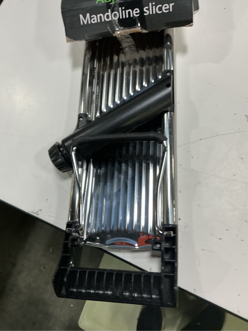 Condition photo showing As Is for vekaya mandoline slicer, mandoline slicer for kitchen, adjustable mandolin, stainless steel mandoline, vegetable slicer, potato, onion, cucumber, tomato, veggie slicer with cut-resistant gloves silver