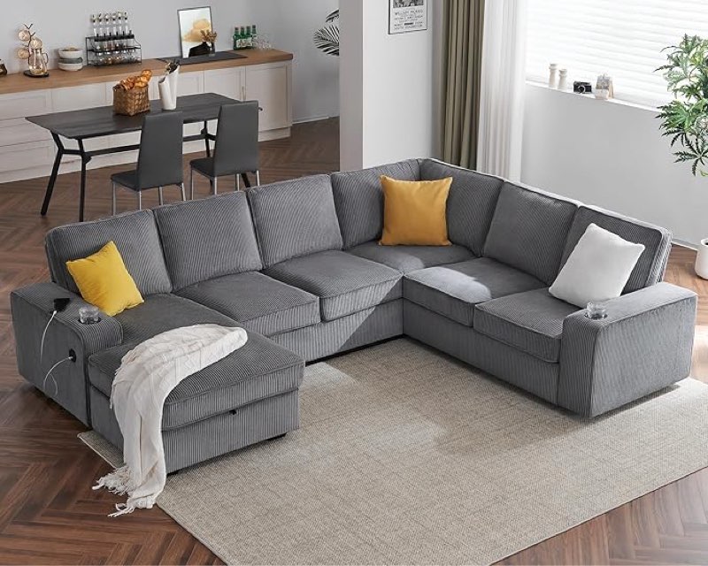 Incomplete 1 boxes for pick up)PaPaJet Oversized Sofa, 112 inch U Shaped Sofa with USB Ports, Sectional Couch with Storage Chaise, Corduroy Grey