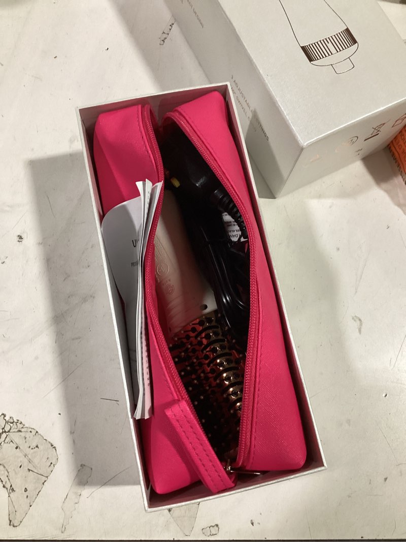 Condition photo showing New/Like New for Travel Dual Voltage Hair Dryer Brush 4-IN-1 Portable Mini Hot Air Blow Dryer Straightener & Curler Brush, Titanium Round Blowout Styler Volumizer Tools, 110/240V US/EU/UK Plug for International Travel Nacre White & Rosé Gold