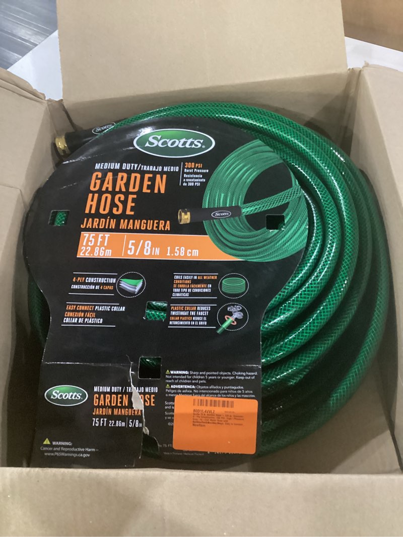 Condition photo showing Good Condition for scotts 75 ft. garden hose – 5/8 in. diameter, 4-ply construction, 300 psi, high-pressure, easy-to-coil water hose with crush-resistant couplings, easy to connect for lawn and garden use medium duty 75-foot x 5/8"