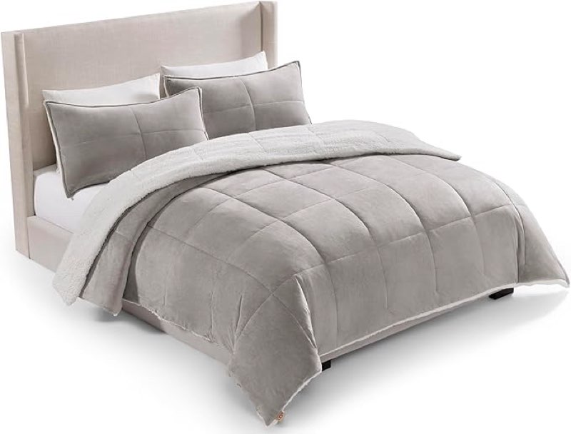 ugg blissful comforter set with 2 pillow shams, warm winter bedding, fluffy reversible down alternative bedding, king/california king size comforter set, seal grey
