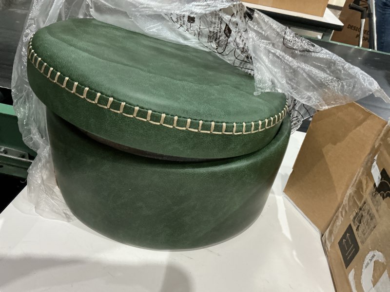 Condition photo showing Good Condition for vasagle ekho collection - storage ottoman, vanity chair stool, synthetic leather with stitching, mid-century modern, round storage seat with steel legs, loads 330 lb, forest green ulom005c01