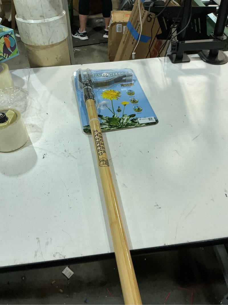 Condition photo showing New/Like New for grampa's weeder - the original stand up weed puller tool with long handle - made with real bamboo & 4-claw steel head design - easily remove weeds without bending, pulling, or kneeling.