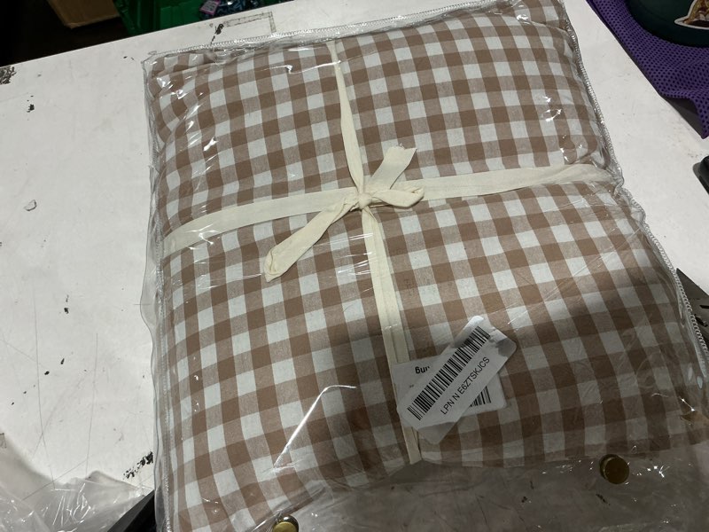 Condition photo showing Good Condition for tocomoa tan gingham sheets set king size, 100% washed cotton linen-like feel soft and breathable, 4 pcs brown plaid checkered bed sheet bedding set cute aesthetic