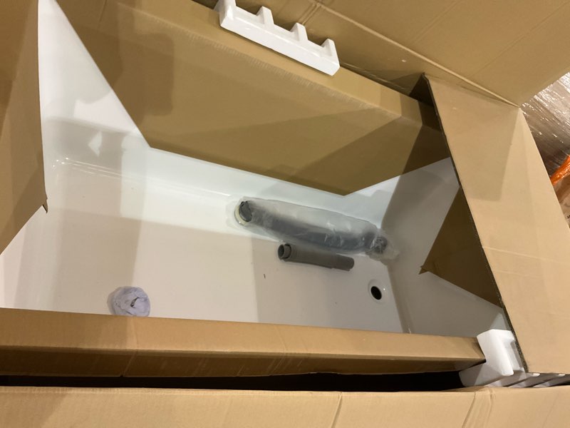Condition photo showing Good Condition for Drop-In Bathtub 60 x 30 inch Acrylic Alcove Tub with Left Hand Drain and Skirted Apron, White Soaking Tub for Bathroom Renovation, Modern Built-In Tub for Comfortable Family Bathing Left Drain 60" x 30"