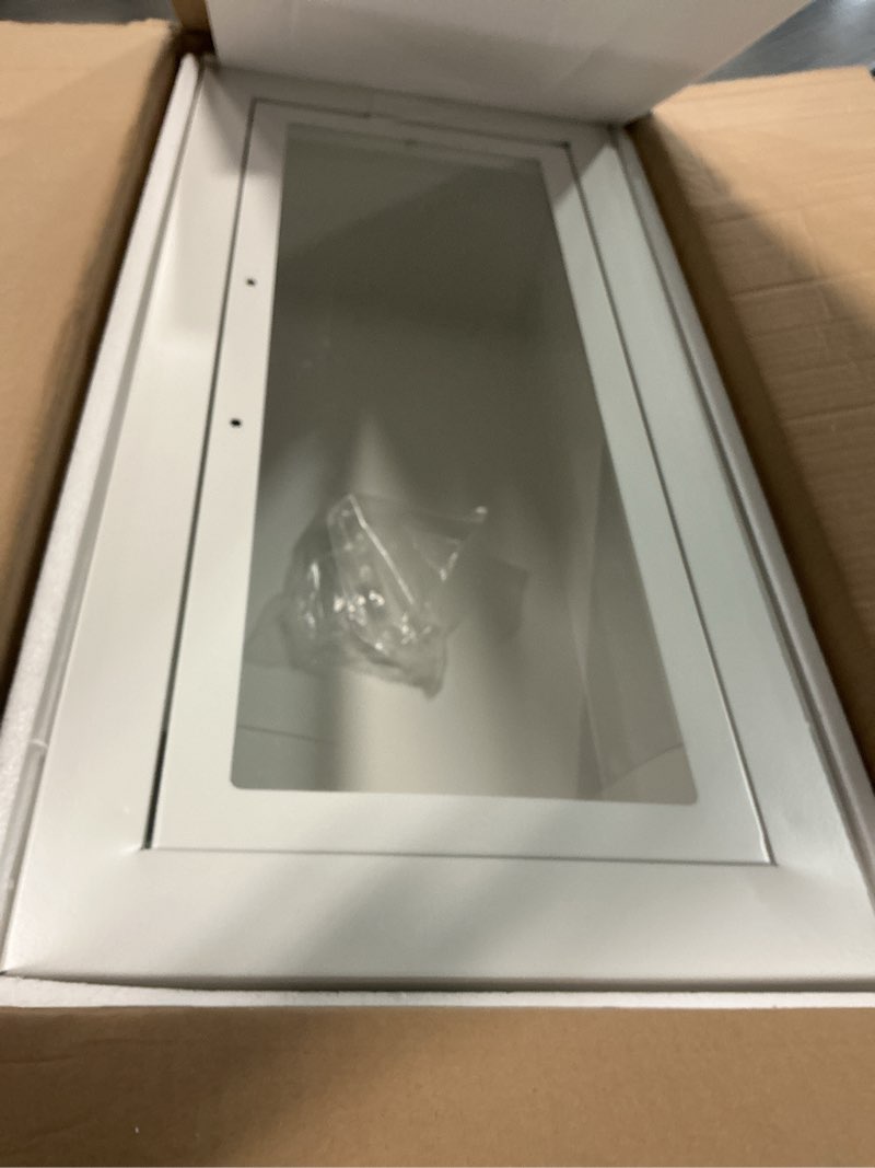 Condition photo showing As Is for Zonon 1 Pcs Semi Recessed Fire Extinguisher Cabinet White Industrial Architectural Wall Cabinet, Door with Handle Version for 10 Pound Dry Chemical Fire Extinguisher