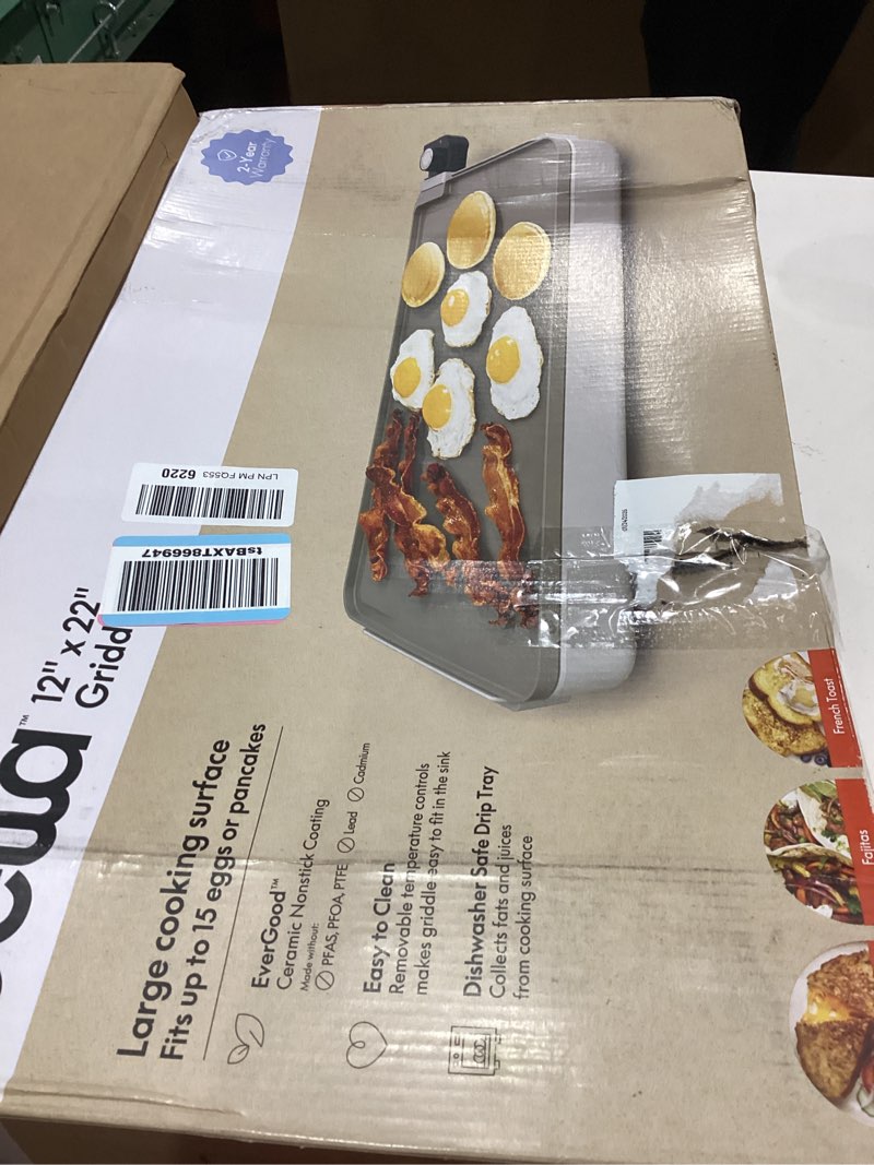 Condition photo showing Good Condition for bella 12" x 22" Electric Griddle with EverGood™ Ceramic Nonstick Coating, Removable Temperature Probe, Dishwasher-Safe Drip Tray & Cool Touch Handles, Cook up to 15 Eggs, 1500 Watt, Oatmilk 12" x 22" Oatmilk