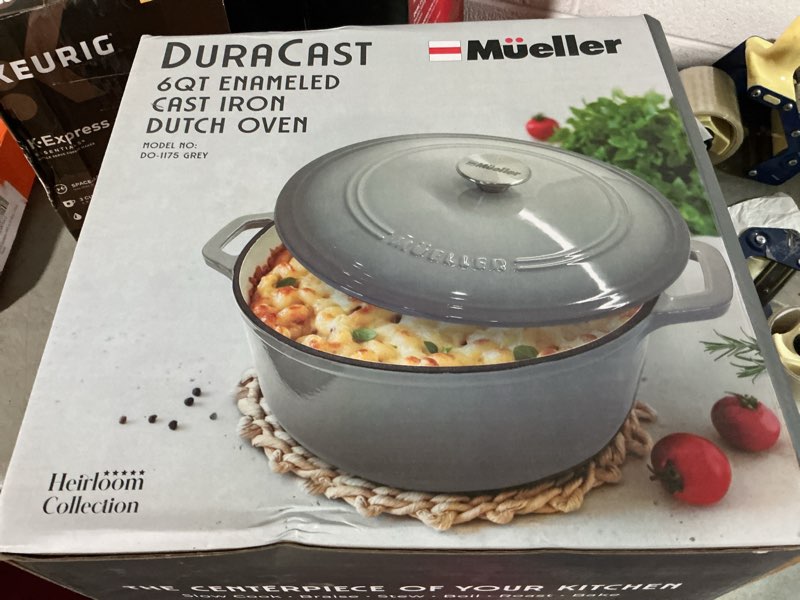 Condition photo showing New/Like New for mueller 6 quart enameled cast iron dutch oven, heavy-duty casserole and braiser pan with lid and knob, safe for all cooktops