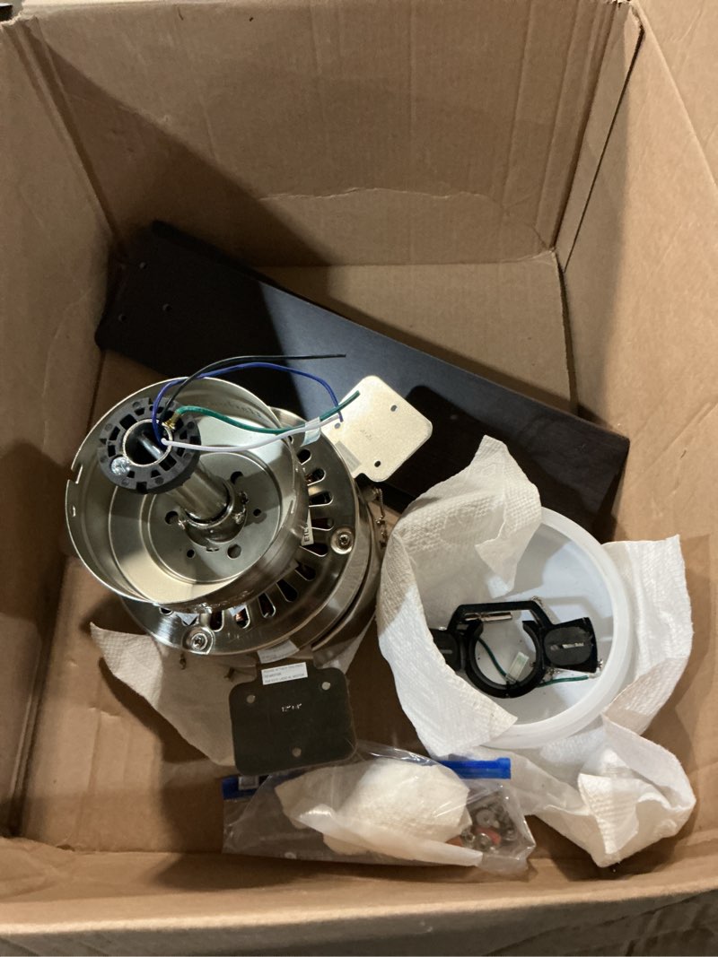 Condition photo showing As Is for harbor breeze mazon 44-in brushed nickel flush mount indoor ceiling fan with light kit and remote (3-blade)