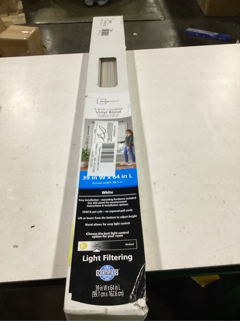 Condition photo showing Good Condition for mainstays 1" cordless vinyl light filtering mini blinds, 1-piece, white, 39" w x 64" l