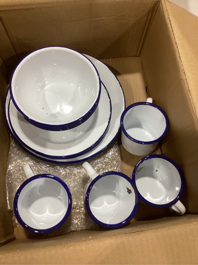 Condition photo showing As Is for red co. 16-piece enamelware metal dinnerware set for 4, solid white/navy blue rim
