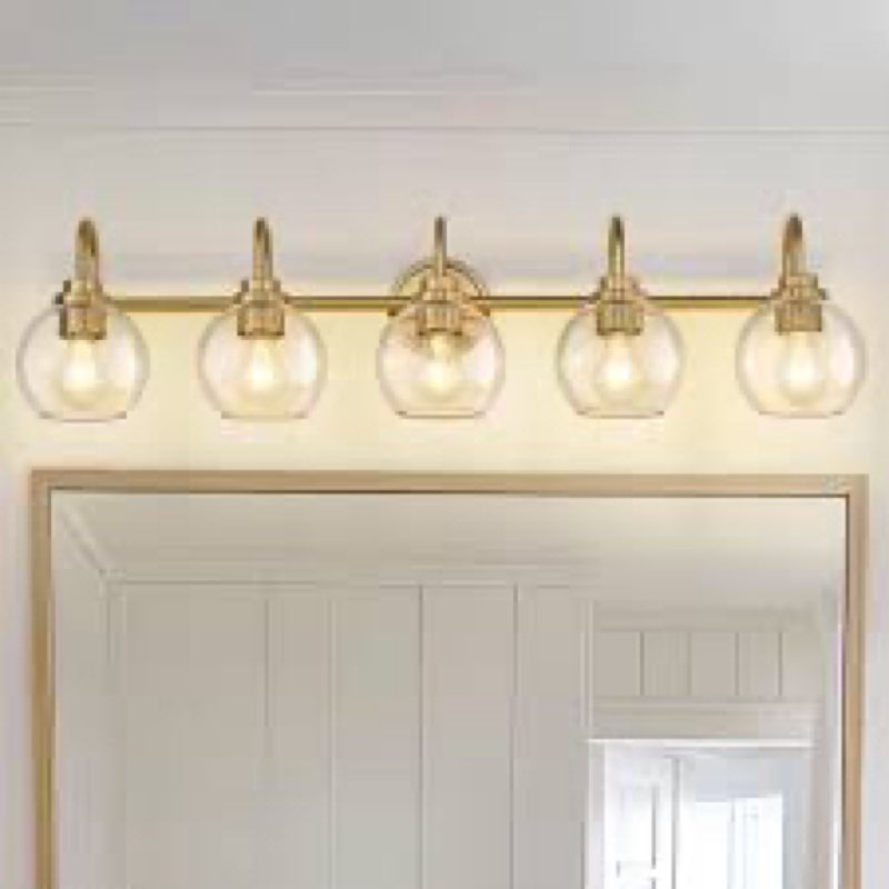 Bathroom Light Fixtures, 5-Light Brushed Gold Vanity Lights with Globe Clear Glass, 32 Inch Champagne Bronze Vanity Lighting Fixtures Over Mirror