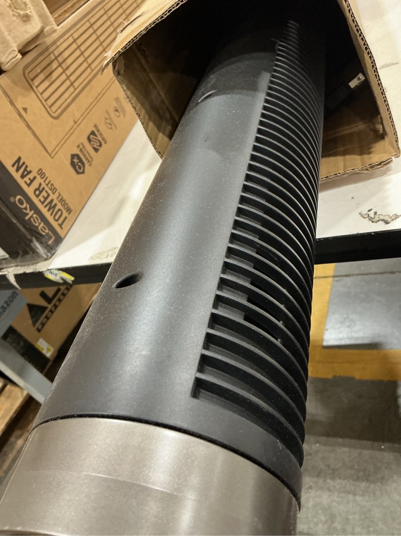 Condition photo showing As Is for vornado airbar 6 tower fan and horizontal air circulator with remote control, 44-inch, 3 speed settings, multi-directional airflow, touch control, versatile cooling power, magnetic base, black