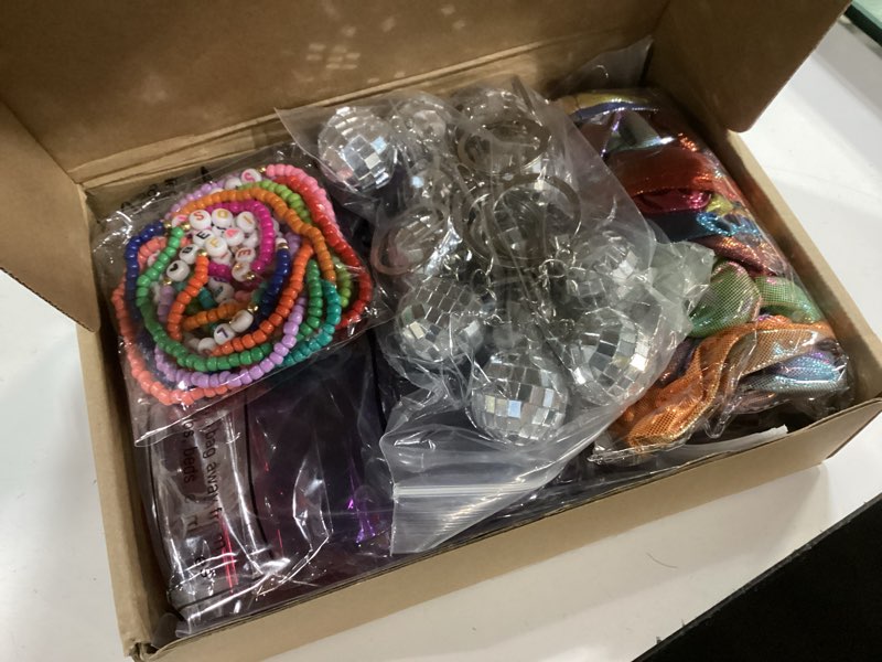 Condition photo showing New/Like New for Geiserailie 60 Pcs Kpop Party Favors Popular Singer Supplies Friendship Bracelets Disco Keychain Sunglasses Holographic Scrunchie Set Bags 12 Set Friendship Gifts for Kpop Fans Women(Multicolored)