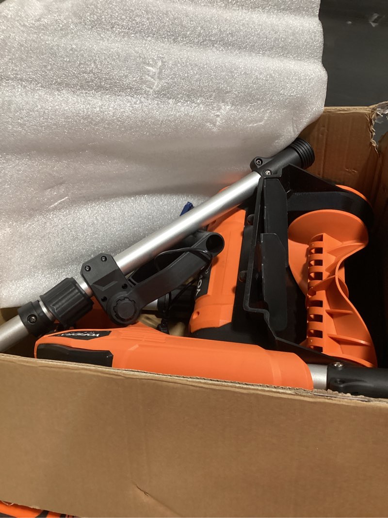 Condition photo showing As Is for Cordless Snow Shovel, Electric Snow Shovel 12" Width 6.7" Depth Cleaning and 20ft Throwing Distance, 4 Ah 21V Battery Brushless Snow Mover with Adjustable Front Handle for Driveway, Steps, Patio Orange