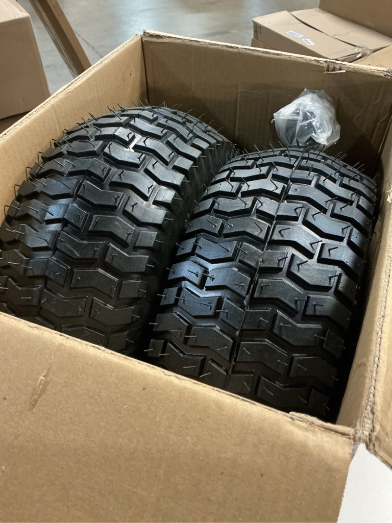 Condition photo showing New/Like New for gicool 15x6.00-6 rubber lawn mower tire and wheel, 2 pcs replacement 15x6-6nhs riding mowers lawn tire and wheel with bearing bore 3/4", 3" centered hub 15x6.00-6"