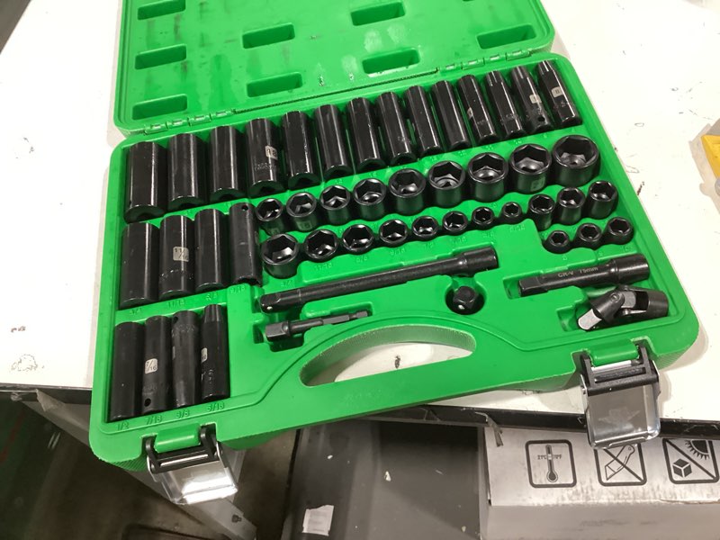 Condition photo showing As Is for 3/8" drive impact socket set, 50 piece standard sae (5/16 to 3/4 inch) and metric (8-22mm) 6 point, extension bars, impact universal joint, adapter, cr-v steel