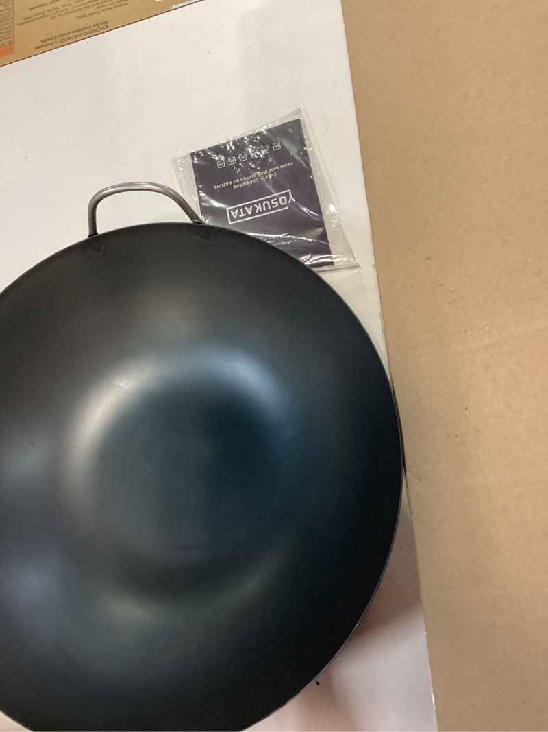 Condition photo showing Good Condition for yosukata 13.5" carbon steel wok pan – pre-seasoned flat bottom pow wok for stir fry, bbq, grill & camping – traditional japanese chinese cookware – compatible with induction, electric, gas, open fire
