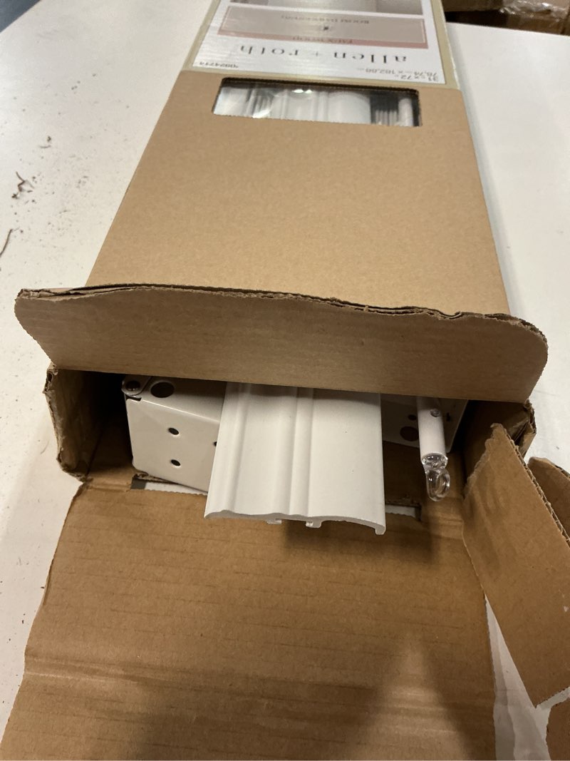 Condition photo showing Good Condition for allen + roth durable cordless mini blind 1-in slat width 31-in x 72-in cordless cloud white vinyl light