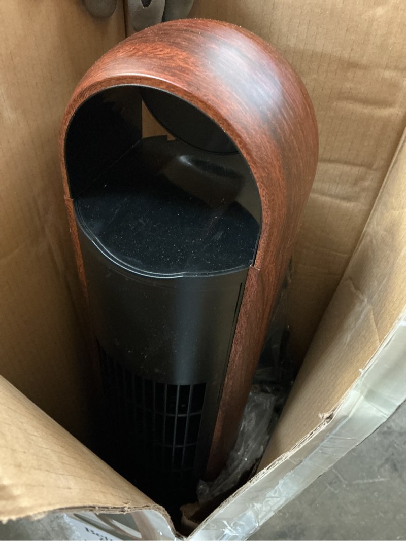 Condition photo showing As Is for better homes & gardens 40'' 5-speed oscillating tower fan with remote control, 3 wind modes, 12h timer, walnut & black