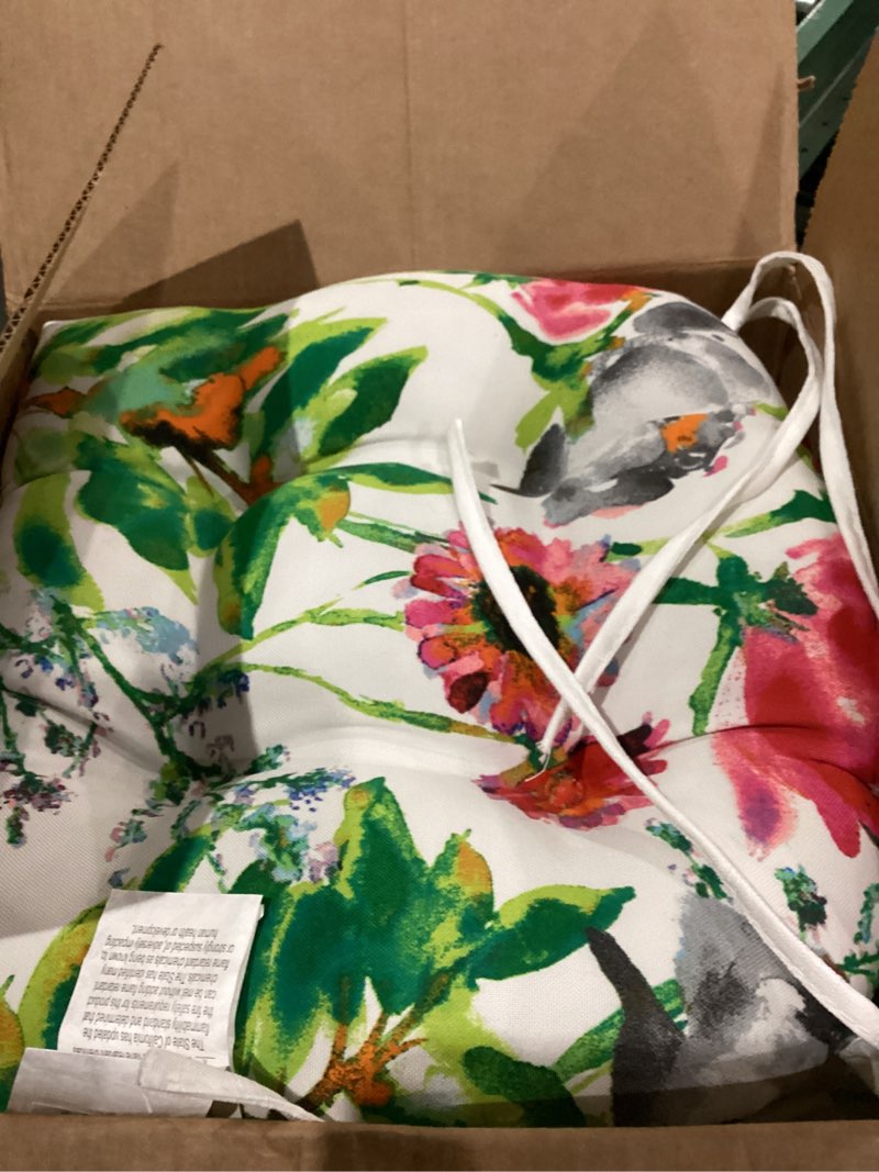 Condition photo showing Good Condition for Pillow Perfect Bright Floral Indoor/Outdoor Chairpad with Ties, Reversible, Tufted, Weather, and Fade Resistant, 15.5" x 16", Pink/Blue Flower Mania, 2 Count 15.5" x 16" Pink/Blue Flower Mania