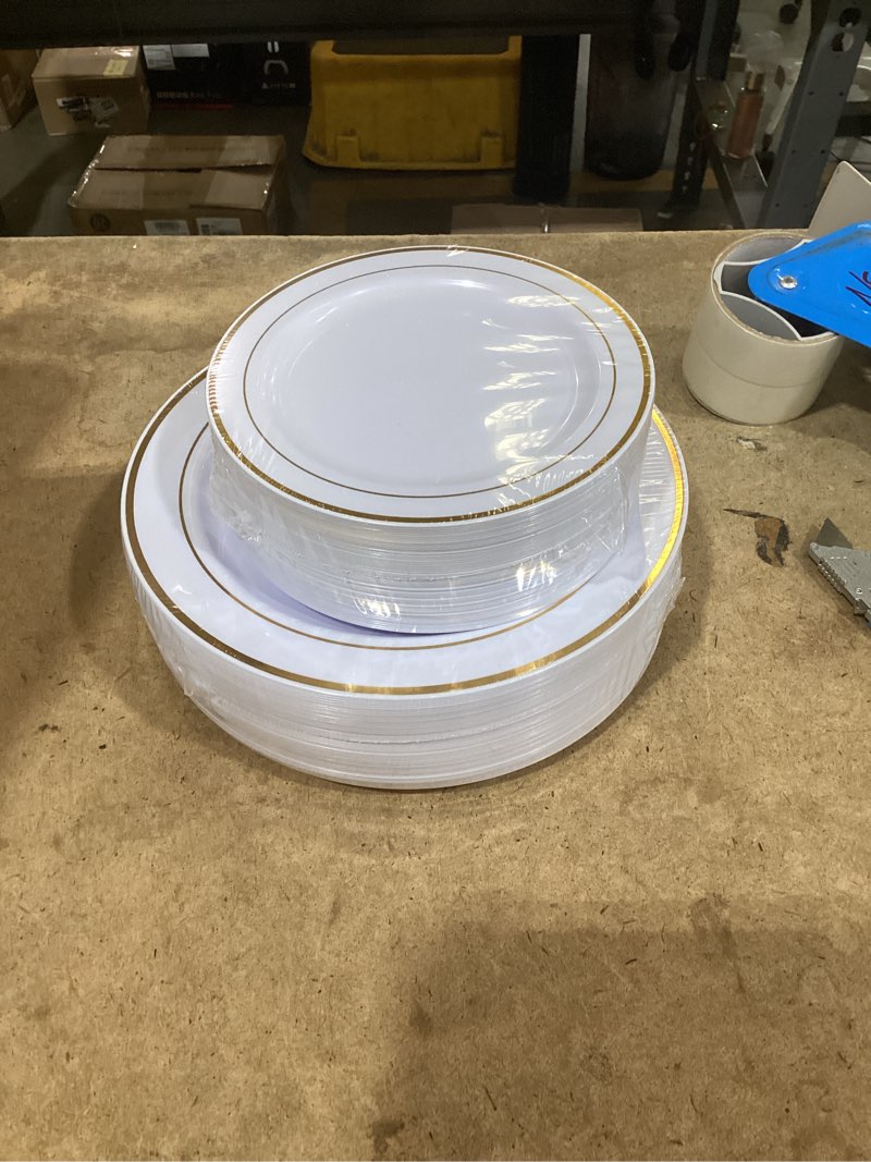 Condition photo showing New/Like New for i00000 102 pieces gold plastic plates, disposable party plates white gold rim, 51 disposable gold dinner plates 10.25 inch and 51 disposable dessert appetizer elegant fancy wedding plates 7.5 inch
