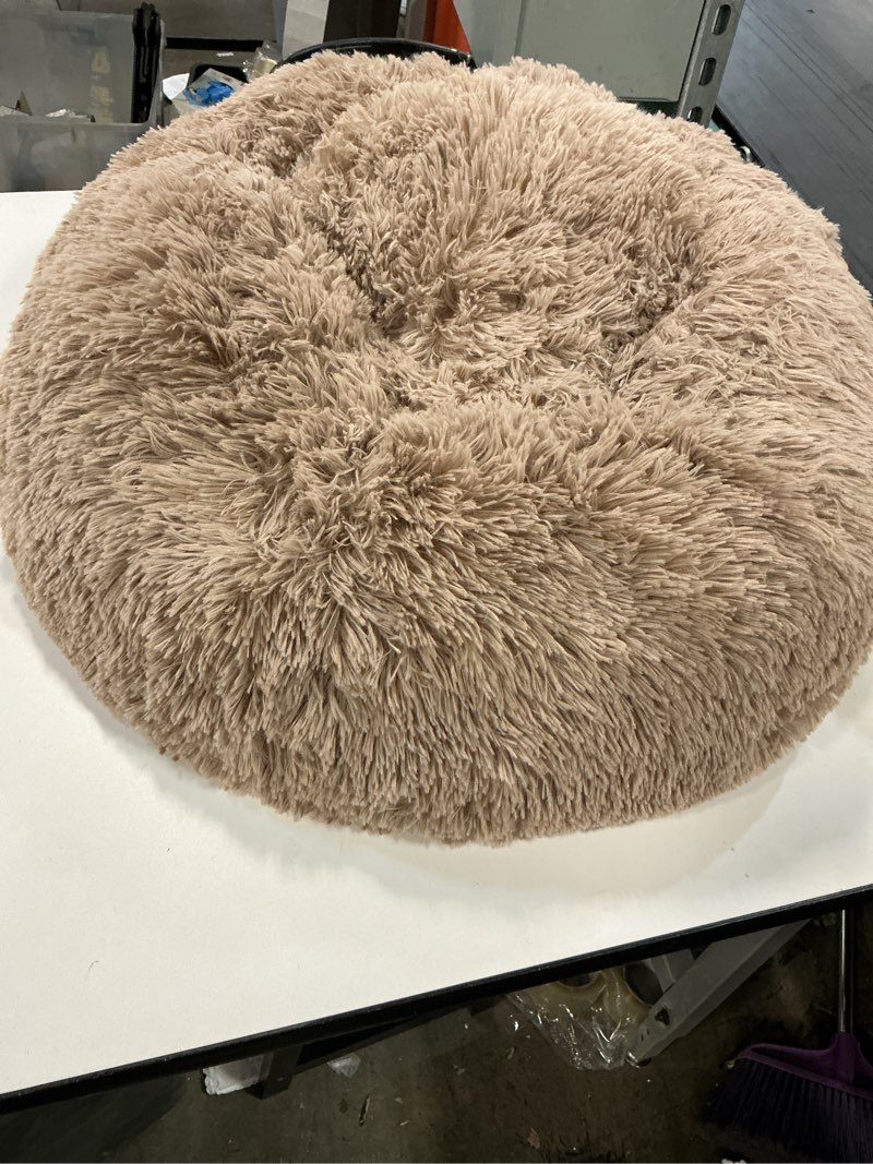 Condition photo showing As Is for Furhaven 23" Round Calming Donut Dog Bed with Washable & Removable Cover & Bolster - Shaggy Plush Long Faux Fur Ball Bed - Taupe, For Dogs Up to 20 lbs, Small