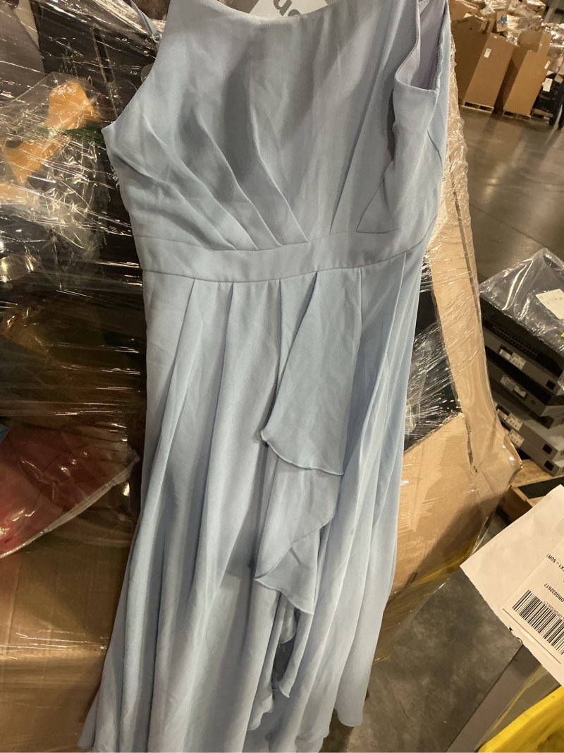 Condition photo showing As Is for fancy girls dresses teen junior bridesmaid dress halter neck sleeveless chest pleated backless crossed straps dress 11-12 years bluish gray