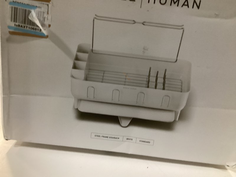 Condition photo showing New/Like New for simplehuman Large Capacity Dish Drying Rack with Stainless Steel Frame, 360º Easy Drain Swivel Spout, Utensil & Wine Glass Holder, Anti-Residue Coating, Moisture Control Surface, White White Full-Size (20'' X 22.3'' X 11.5'')