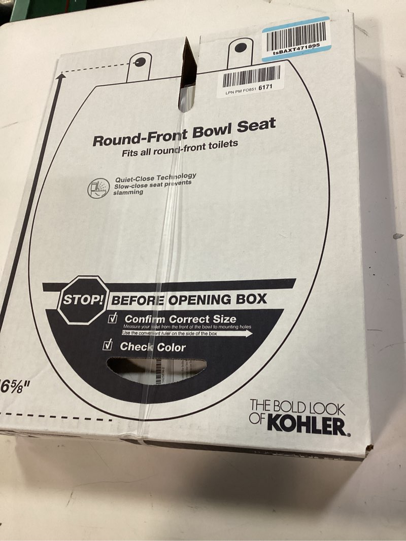 Condition photo showing New/Like New for kohler 20111-0 brevia, slow close toilet seat, round toilet seat, grip-tight bumpers quick-attach hardware, white