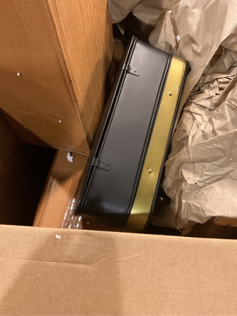 Condition photo showing Good Condition for creative co-op decorative metal boxes with lid, black with gold band, set of 3