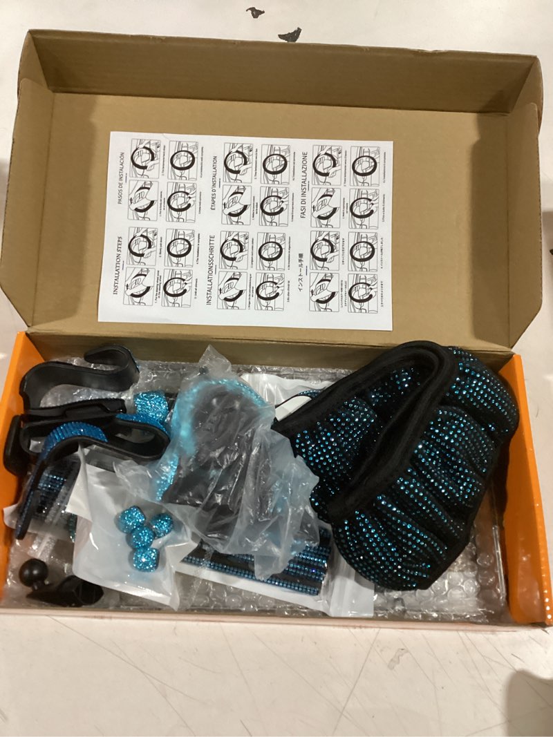 Condition photo showing Good Condition for NBTEPEM 27 PCs Aquamrine Bling Car Accessories Set for Women, Steering Wheel Covers Universal Fit 15 Inch, Bling License Plate Frame, Bling Phone Holder, Bling Car Coasters (Aquamrine Diamond)