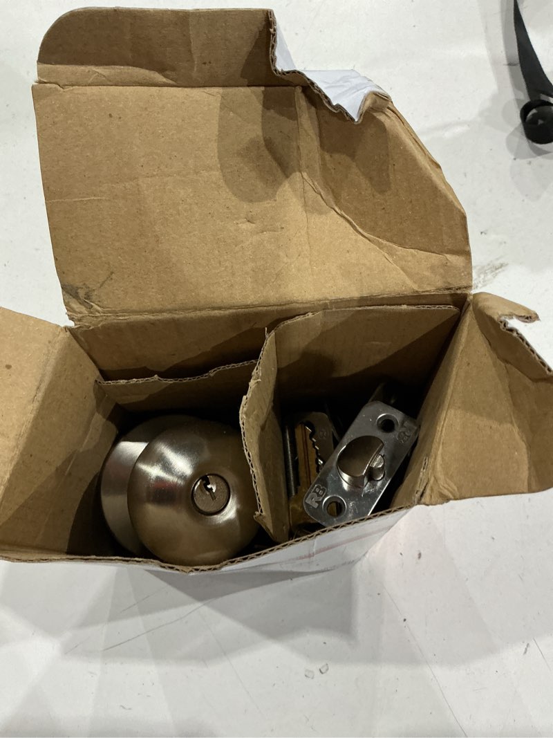 Condition photo showing As Is for reliabilt baron satin nickel exterior single-cylinder deadbolt keyed entry door knob combo pack