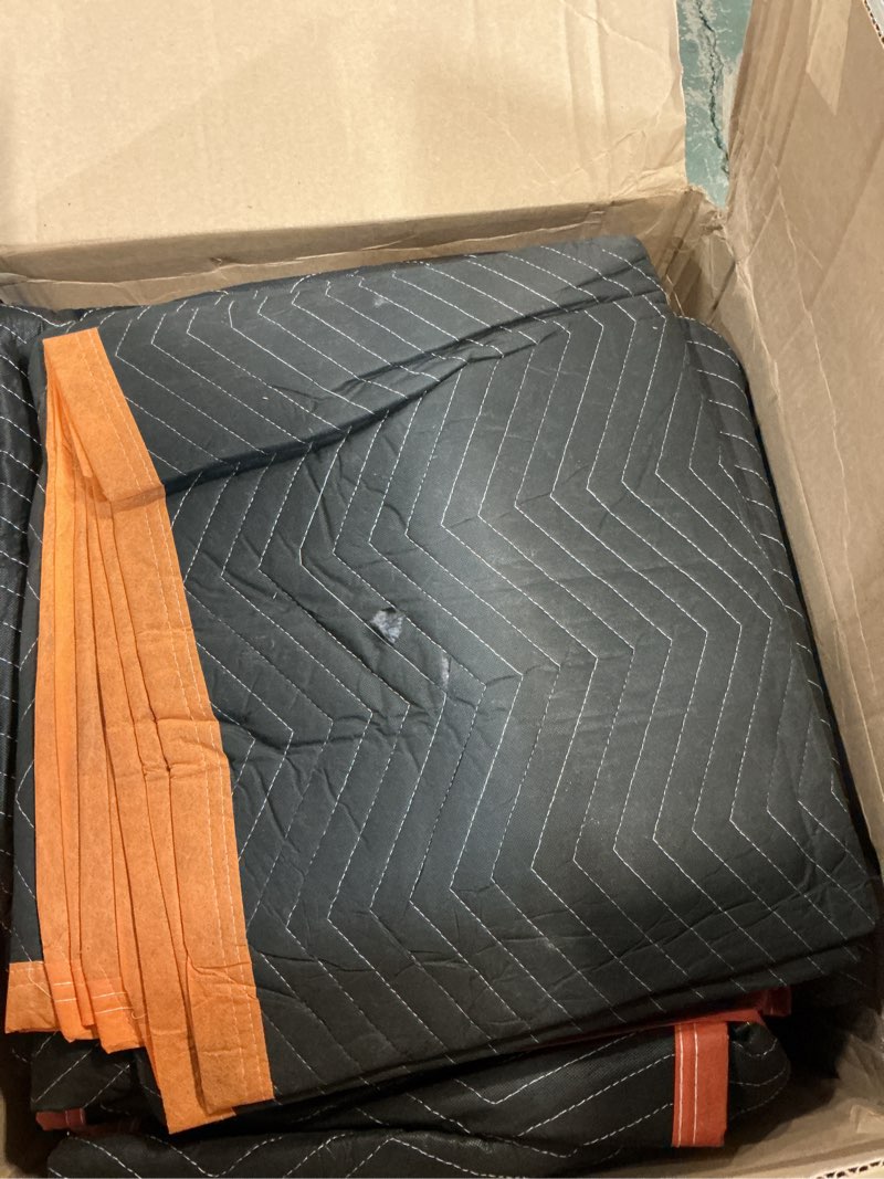 Condition photo showing As Is for simpli-magic 79523 heavy duty padded moving blankets, black/orange, 72” x 80”, 12 pack