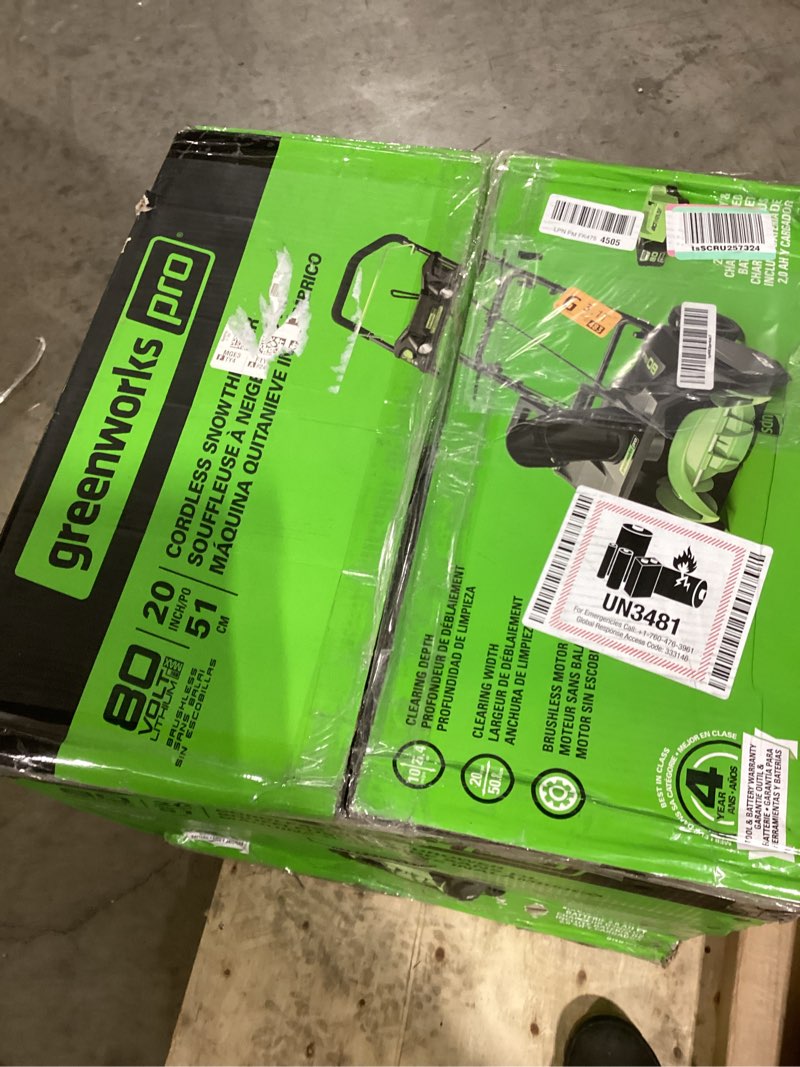 Condition photo showing New/Like New for Greenworks 80V (75+ Compatible Tools) 20” Brushless Cordless Snow Blower, 2.0Ah Battery and Charger Included 20" 2.0Ah