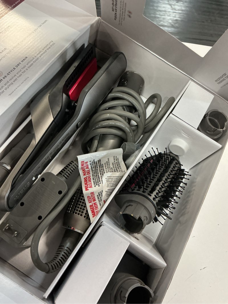 Condition photo showing As Is for shark flex fusion hair straightener & powerful hair dryer with fusion hair brush, air styler with auto-wrap hair curlers, concentrator, & frizz fighter, metallic mist, hd651s flexfusion-for all hair types