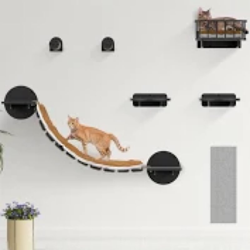 FURRY VIBES Cat Wall Shelves & Perches – 7-in-1 Cat Wall Furniture Set with Bed, Climbing Steps, Scr